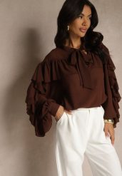 Brązowa Bluzka z Wiskozy z Transparentną Wstawką Falbanami i Wiązaniem Fillenea. Brązowe bluzki Renee, m, z aplikacjami, z jeansu, eleganckie, bez kołnierzyka, bez ramiączek. W wyprzedaży za 99.99 zł.