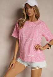 Różowy Bawełniany T-shirt o Kroju Oversize z Ozdobnym Nadrukiem Aveneli. Czerwone t-shirty Renee, m, z aplikacjami, z bawełny, eleganckie, bez kołnierzyka, bez ramiączek. W wyprzedaży za 39.99 zł.
