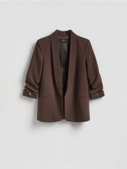 Marynarka z dodatkiem wiskozy - ciemnobrązowy. Brązowe marynarki i żakiety Reserved, l, bez wzorów, z tkaniny, bez ramiączek. Za 199.99 zł.