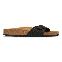 Birkenstock Madrid SYN Black Klapki damskie. Czarne klapki Birkenstock, bez wzorów, z jeansu, wakacyjne, bez obcasa, bez zapięcia. Za 369.99 zł.