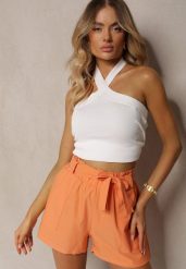 Pomarańczowe Szorty Bermudy High Waist z Dodatkiem Bawełny Wiązane w Pasie Quisevia. Brązowe szorty Renee, bez wzorów, z bawełny. W wyprzedaży za 39.99 zł.