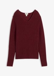 Sweter z prążkowanej dzianiny z czystej bawełny organicznej. Czerwone swetry bonprix, bez wzorów, z bawełny, klasyczne, bez ramiączek. Za 99.99 zł.