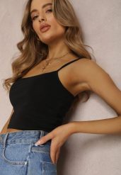 Czarny Top Tryphitheme. Czarne topy Renee, l, z aplikacjami, z bawełny, bez kołnierzyka, bez ramiączek. W wyprzedaży za 15.99 zł.