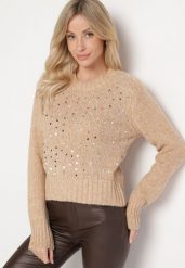 Ciemnobeżowy Sweter z Bawełną Ozdobiony Cekinami Savalenne. Brązowe swetry Born2be, z aplikacjami, z bawełny, klasyczne, bez ramiączek. W wyprzedaży za 67.99 zł.