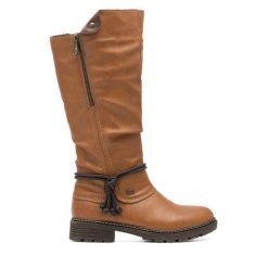 Kozaki Rieker. Brązowe kozaki Rieker, bez wzorów, bez obcasa, na płaskiej podeszwie, bez zapięcia. Za 359.99 zł.