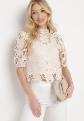 Beżowa Ażurowa Bluzka ze Stójką w Stylu Retro Laquies. Brązowe bluzki Born2be, m, w ażurowe wzory, z jeansu, eleganckie, bez kołnierzyka, bez ramiączek. W wyprzedaży za 110.49 zł.