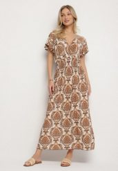 Ciemnobeżowa Sukienka w Etno Wzór z Falbankami i Gumką w Pasie Ellivira. Brązowe sukienki Born2be, na co dzień, l, bez wzorów, eleganckie, bez kołnierzyka, bez ramiączek, maxi, kopertowe. Za 79.99 zł.