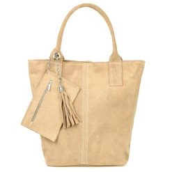 Shopperka skórzana VERA PELLE beżowa T49. Brązowe shopper bag bez wzorów, ze skóry, zamszowe, bez dodatków. Za 208.99 zł.