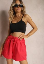 Czerwone Dresowe Szorty High Waist z Gumką w Talii Narefia. Czerwone szorty Renee, w ażurowe wzory, z dresówki, eleganckie. W wyprzedaży za 27.99 zł.
