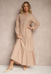 Beżowa Rozkloszowana Sukienka z Wiskozy w Stylu Boho z Koronką i Gumką Gonalien. Brązowe sukienki Renee, na co dzień, l, bez wzorów, z koronki, boho, bez kołnierzyka, bez ramiączek, maxi, rozkloszowane. W wyprzedaży za 111.99 zł.