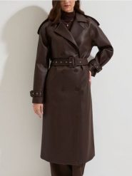 Trencz z imitacji skóry z paskiem - brązowy. Brązowe płaszcze Sinsay, l, bez wzorów, ze skóry, bez kaptura. Za 139.99 zł.