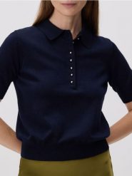 Sweter z kołnierzykiem - granatowy. Niebieskie swetry Reserved, l, bez wzorów, z dzianiny, bez ramiączek. W wyprzedaży za 59.99 zł.