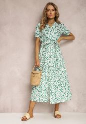 Zielona Sukienka z Bawełny Andrilla. Zielone sukienki Renee, l, bez wzorów, z bawełny, bez kołnierzyka, bez ramiączek, midi, kopertowe. W wyprzedaży za 119.99 zł.
