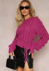 Ciemnofioletowy Sweter z Ozdobnym Sznurowaniem na Dole i Ściągaczami Miritu. Fioletowe swetry Renee, bez wzorów, z wiskozy, casualowe, bez ramiączek. Za 119.99 zł.