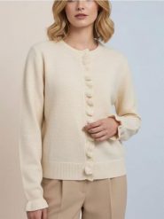 Kardigan z falbaną przy zapięciu - beżowy. Brązowe swetry Sinsay, l, bez wzorów, bez ramiączek. Za 49.99 zł.