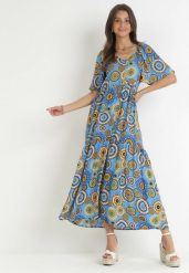 Niebieska Rozkloszowana Sukienka Maxi z Falbanką z Wiskozy Sehna. Niebieskie sukienki Born2be, s, bez wzorów, z wiskozy, bez kołnierzyka, bez ramiączek, maxi, rozkloszowane. Za 109.99 zł.