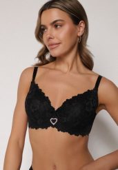 Czarny Biustonosz z Koronką i Sercem z Cyrkonii Coratune. Czarne biustonosze Born2be, bez wzorów, z jeansu. Za 39.99 zł.