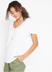 T-shirt z czystego lnu. Białe t-shirty bonprix, bez wzorów, ze lnu, eleganckie, bez kołnierzyka, bez ramiączek. Za 109.99 zł.