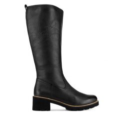 Kozaki Remonte. Czarne kozaki Remonte, bez wzorów, bez obcasa, na słupku, bez zapięcia. Za 447.00 zł.