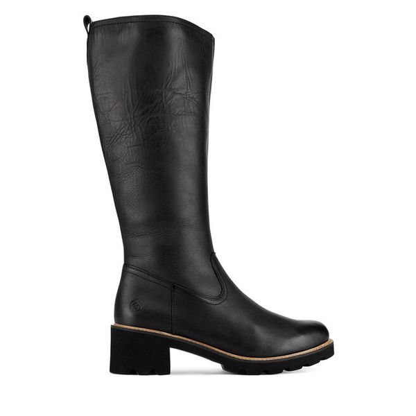 Kozaki Remonte. Czarne kozaki Remonte, bez wzorów, bez obcasa, na słupku, bez zapięcia. Za 447.00 zł.