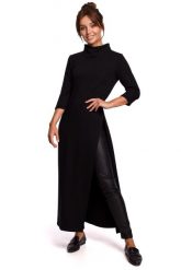 Czarna Długa Dzianinowa Tunika z Rozcięciem na Boku. Czarne sukienki MOE, l, bez wzorów, z bawełny, bez kołnierzyka, bez ramiączek, maxi. Za 263.90 zł.