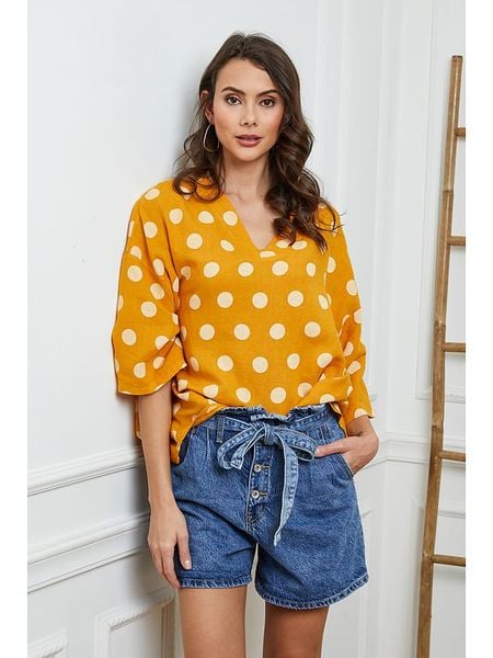 La Compagnie Du Lin Lniana bluzka "Amoura" w kolorze żółtym rozmiar: XL. Żółte bluzki La Compagnie Du Lin, xl, bez wzorów, ze lnu, bez kołnierzyka, bez ramiączek. Za 109.52 zł.