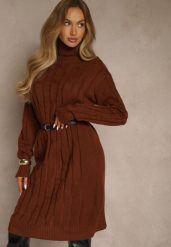 Jasnobrązowa Sukienka Sweterkowa z Golfem Wełną Bawełną i Ozdobnym Splotem Reilenea. Brązowe sukienki Renee, na spotkanie biznesowe, l, bez wzorów, z bawełny, eleganckie, bez kołnierzyka, bez ramiączek, midi. Za 79.99 zł.