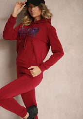 Bordowy Ocieplany Komplet Dresowy Bawełniany Spodnie Joggery i Bluza Zdobiona Nadrukiem Filoira. Czerwone bluzy Renee, m, z aplikacjami, z bawełny, bez ramiączek, z kapturem. W wyprzedaży za 79.99 zł.