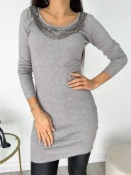 Szara Tunika z Łańcuszkiem 8889-57-E. Szare tuniki ModnaKiecka.pl, l, bez wzorów, z materiału, bez kołnierzyka, bez ramiączek. Za 49.99 zł.