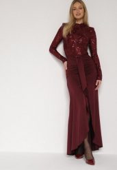 Bordowa Cekinowa Sukienka Wieczorowa z Półgolfem i Trenem Eylnore. Czerwone sukienki Born2be, na imprezę, m, z aplikacjami, klasyczne, bez kołnierzyka, bez ramiączek, maxi. Za 239.99 zł.