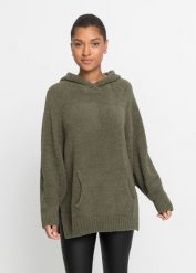 Sweter z kapturem, z polaru baranka. Białe swetry bonprix, na zimę, bez wzorów, z polaru, bez ramiączek. Za 127.99 zł.