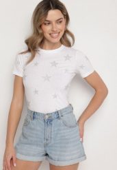 Biały Bawełniany T-shirt z Cyrkoniowymi Aplikacjami w Gwiazdki Tenivella. Białe t-shirty Born2be, l, z aplikacjami, z bawełny, biznesowe, bez kołnierzyka, bez ramiączek. Za 59.99 zł.