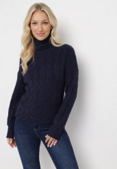 Granatowy Sweter z Golfem w Warkoczowy Splot ze Ściągaczami Maraiwai. Niebieskie swetry Born2be, na jesień, bez wzorów, ze splotem, bez ramiączek. W wyprzedaży za 101.99 zł.