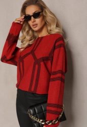 Czerwony Sweter z Okrągłym Dekoltem i Wzorem w Paski Busso. Czerwone swetry Renee, xl, bez wzorów, casualowe, bez ramiączek. W wyprzedaży za 87.99 zł.