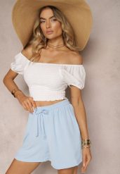 Jasnoniebieskie Szorty o Luźnym Kroju High Waist z Gumką w Talii Vimallora. Niebieskie szorty Renee, bez wzorów, eleganckie. W wyprzedaży za 39.99 zł.
