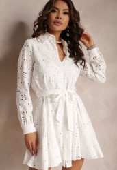Biała Koszulowa Sukienka Ażurowa z Wiązanym Paskiem Faeyela. Białe sukienki Renee, l, w ażurowe wzory, z materiału, bez kołnierzyka, bez ramiączek, mini, koszulowe. W wyprzedaży za 183.99 zł.