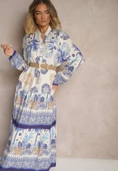 Niebieska Sukienka z Wiskozy Rozkloszowana w Print Boho Aedia. Niebieskie sukienki Renee, na co dzień, l, z aplikacjami, z wiskozy, boho, bez kołnierzyka, bez ramiączek, maxi, rozkloszowane. W wyprzedaży za 67.99 zł.