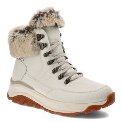 Białe Botki Rieker Ocieplane Obuwie Damskie. Białe botki Rieker, z aplikacjami, z futra, bez obcasa, bez zapięcia. Za 479.00 zł.