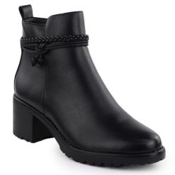 Botki ocieplane na klocku damskie czarne Potocki Z25-SZ12690-. Czarne botki POTOCKI, bez wzorów, ze skóry ekologicznej, eleganckie, bez obcasa, bez zapięcia. Za 99.99 zł.