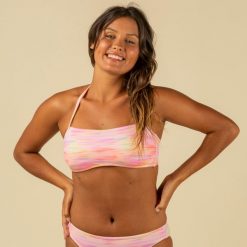 Góra kostiumu kąpielowego surfingowego damska Olaian Laura Salty. Brązowe bikini OLAIAN, bez wzorów, z elastanu, sportowe. W wyprzedaży za 39.99 zł.