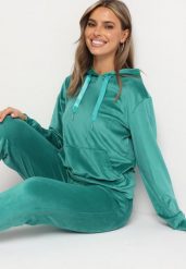 Jasnozielony Komplet Dresowy z Bawełną Bluza z Kapturem i Kieszenią Spodnie z Gumką w Talii Quesaria. Zielone bluzy Born2be, l, bez wzorów, z bawełny, bez ramiączek, z kapturem. W wyprzedaży za 84.99 zł.