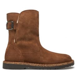 Botki Birkenstock. Brązowe botki Birkenstock, bez wzorów, bez obcasa, na płaskiej podeszwie, bez zapięcia. Za 699.99 zł.