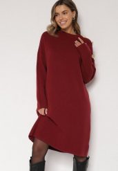 Bordowa Sweterkowa Sukienka Pudełkowa Ozdobiona z Boku Guzikami Tustina. Czerwone sukienki Born2be, na co dzień, l, bez wzorów, z dzianiny, eleganckie, bez kołnierzyka, bez ramiączek, proste. Za 119.99 zł.
