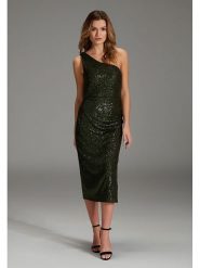 SWING Sukienka w kolorze ciemnozielonym rozmiar: 44. Zielone sukienki Swing, bez wzorów, bez kołnierzyka, bez ramiączek, midi. Za 306.73 zł.