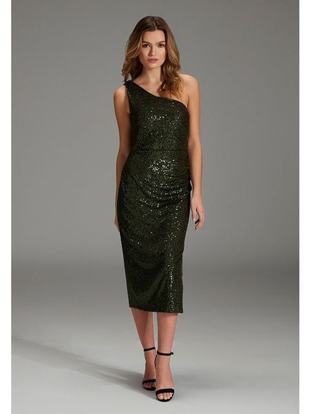 SWING Sukienka w kolorze ciemnozielonym rozmiar: 44. Zielone sukienki Swing, bez wzorów, bez kołnierzyka, bez ramiączek, midi. Za 306.73 zł.