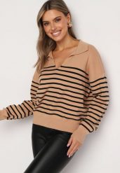 Ciemnobeżowy Sweter w Paski z Wycięciem Kołnierzykiem Irilanesi. Brązowe swetry Born2be, na zimę, bez wzorów, bez ramiączek. W wyprzedaży za 59.49 zł.