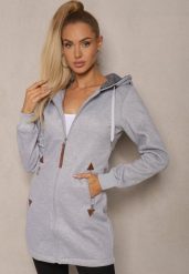 Szara Bluza Długa z Kapturem Ozdobionym Napisami Sinellina. Szare bluzy Renee, s, bez wzorów, z jeansu, bez ramiączek, z kapturem. W wyprzedaży za 63.99 zł.
