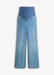 Szerokie jeansy ciążowe z elastycznego denimu, pełna długość. Niebieskie jeansy bonprix, bez wzorów, z denimu. Za 179.99 zł.