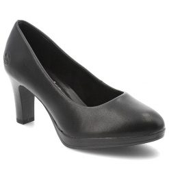 Czółenka damskie Rieker w klasycznym fasonie z zaokrąglonym noskiem stabilnym obcasem typu słupek i subtelną platformą czarne, 41560-01 Black. Czarne czółenka Rieker, bez wzorów, klasyczne, bez obcasa, na platformie, bez zapięcia. Za 349.00 zł.