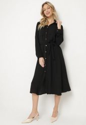 Czarna Koszulowa Sukienka z Materiałowym Paskiem Vivinara. Czarne sukienki Born2be, na co dzień, l, bez wzorów, z materiału, eleganckie, bez kołnierzyka, bez ramiączek, midi, koszulowe. W wyprzedaży za 84.99 zł.